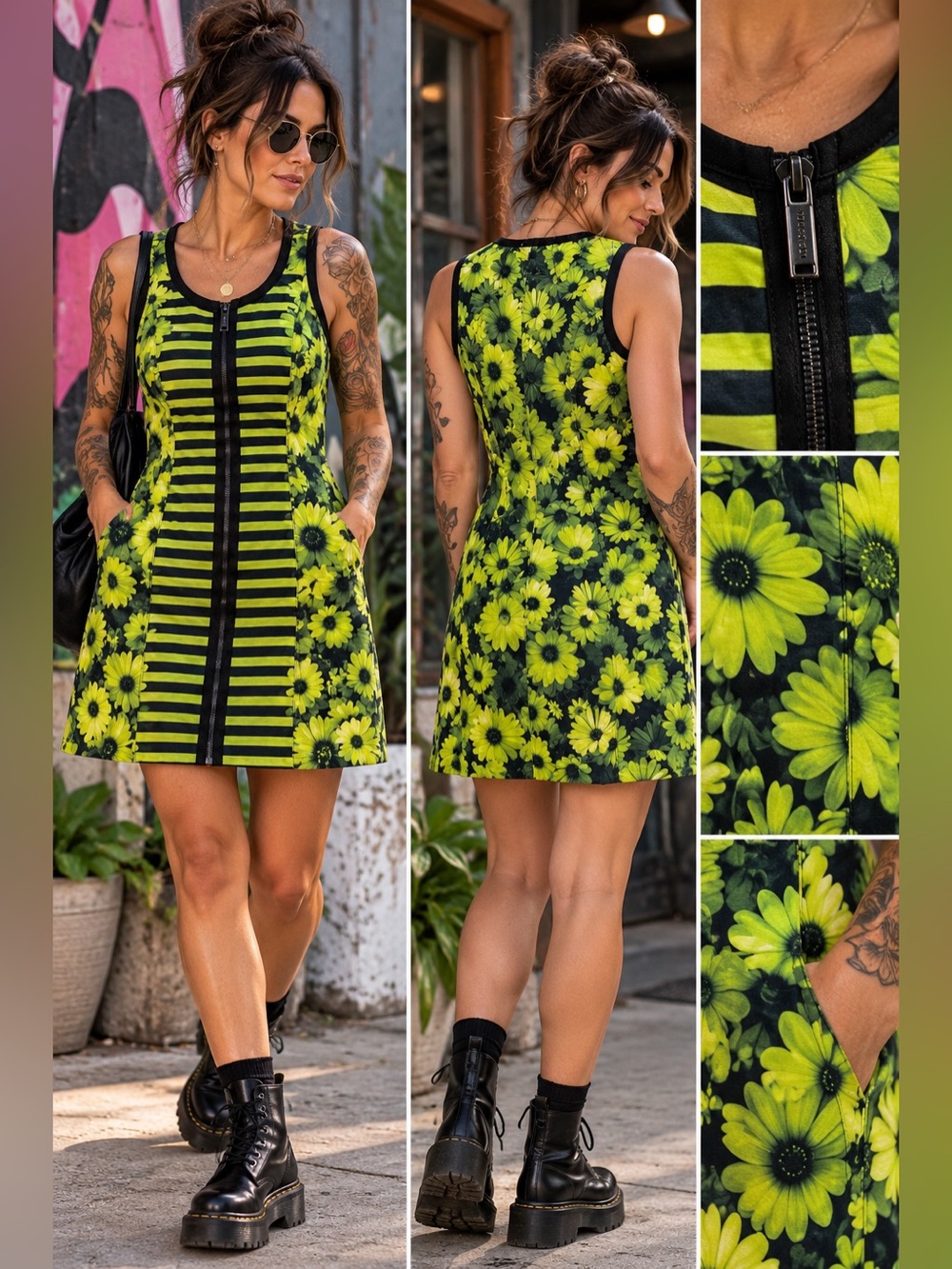 Michael Michael Kors Floral Stripe Zip Front Dress Green Black Size 8
